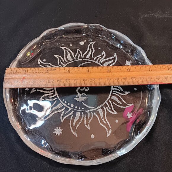 7 inch etched art glass dish sun and moon - Picture 2 of 2